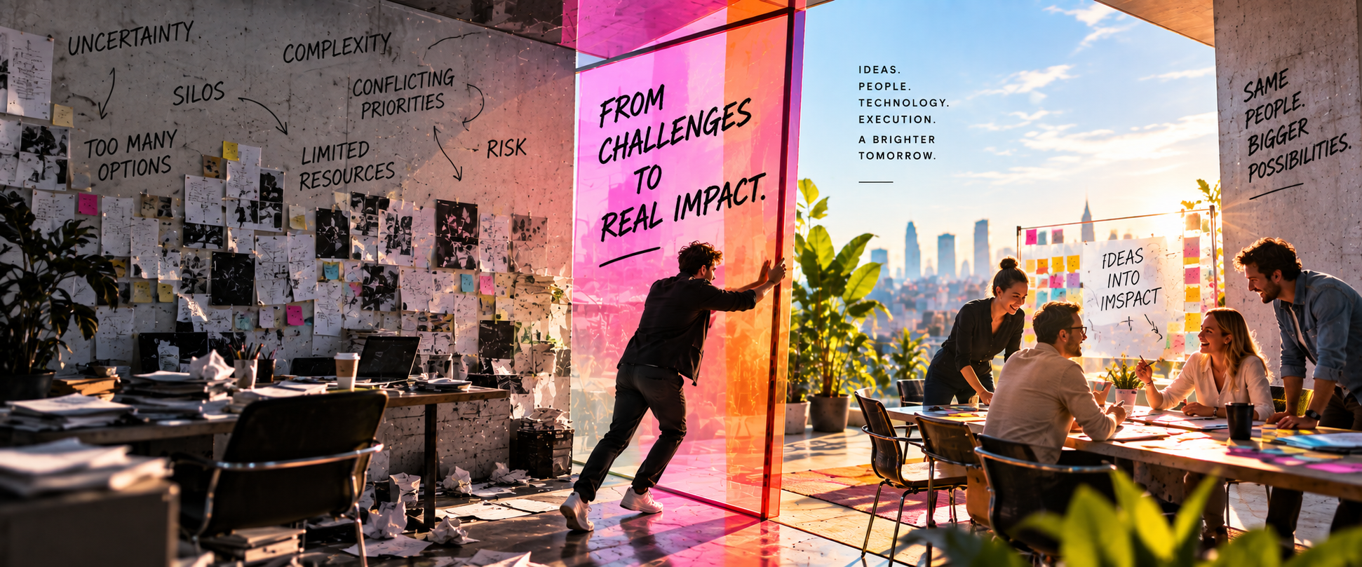 A team working behind a vivid impact statement on glass