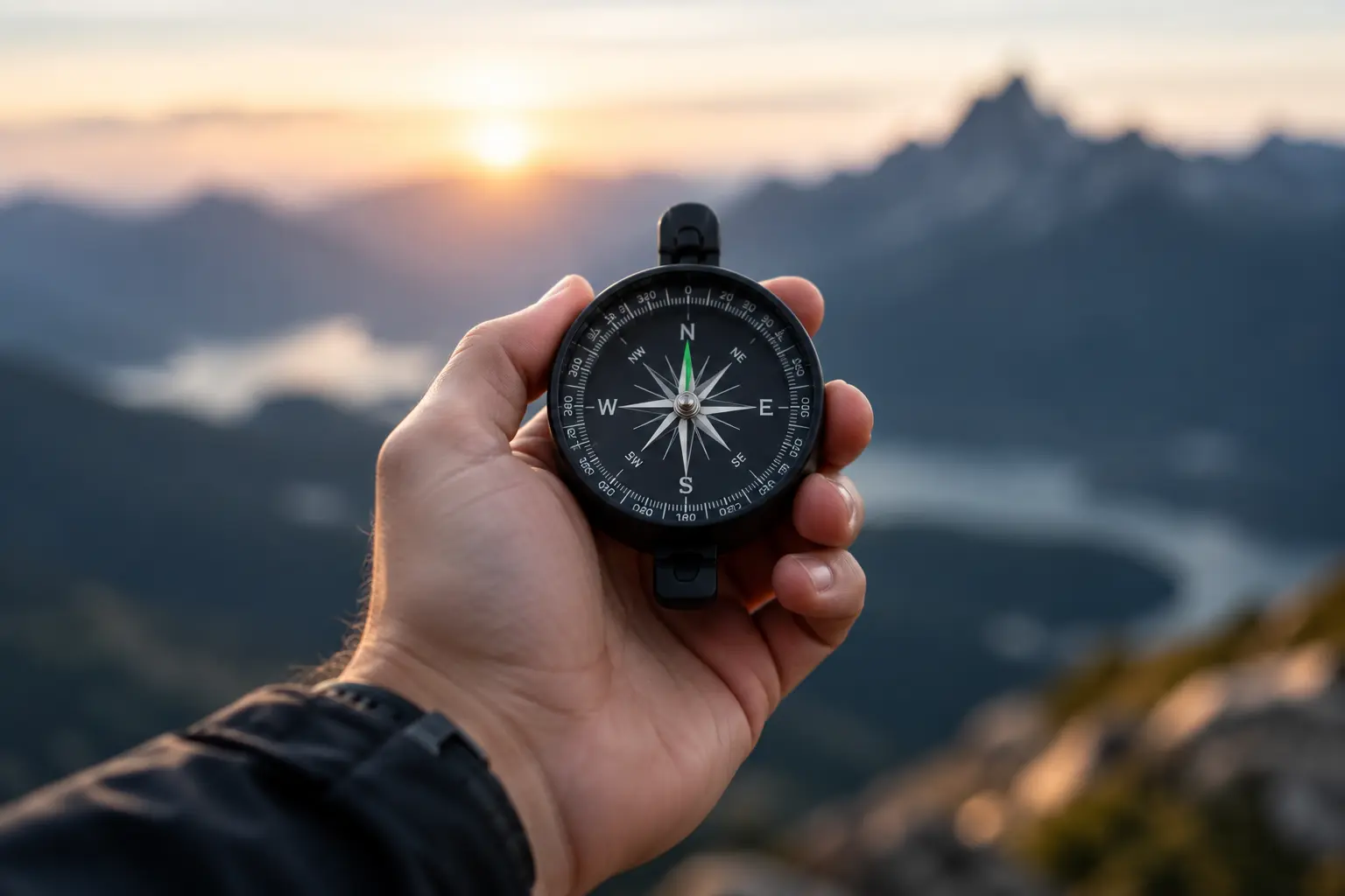 A hand holding a compass toward a distant mountain horizon