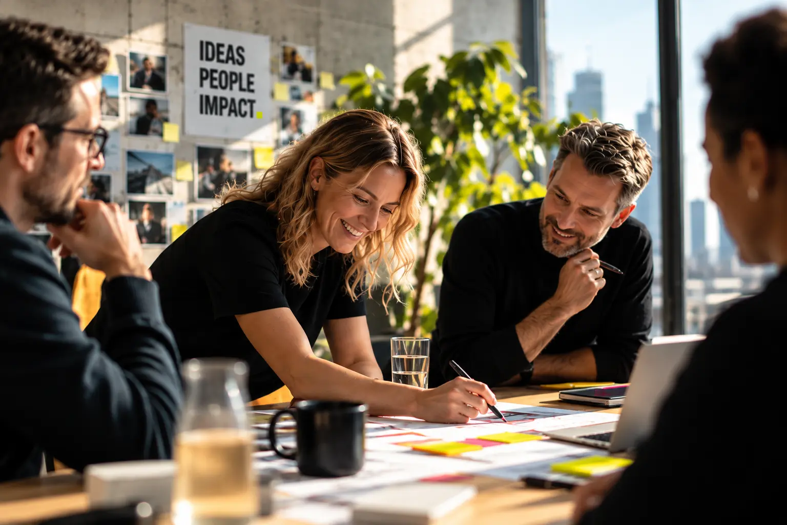 A senior team collaborating around a table in a bright studio