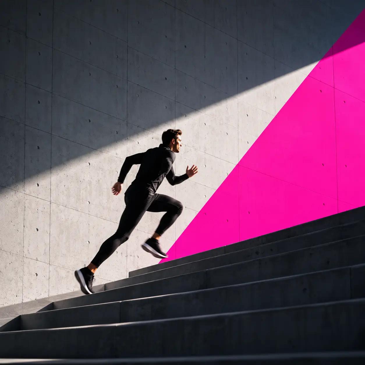 A runner moving quickly up architectural steps